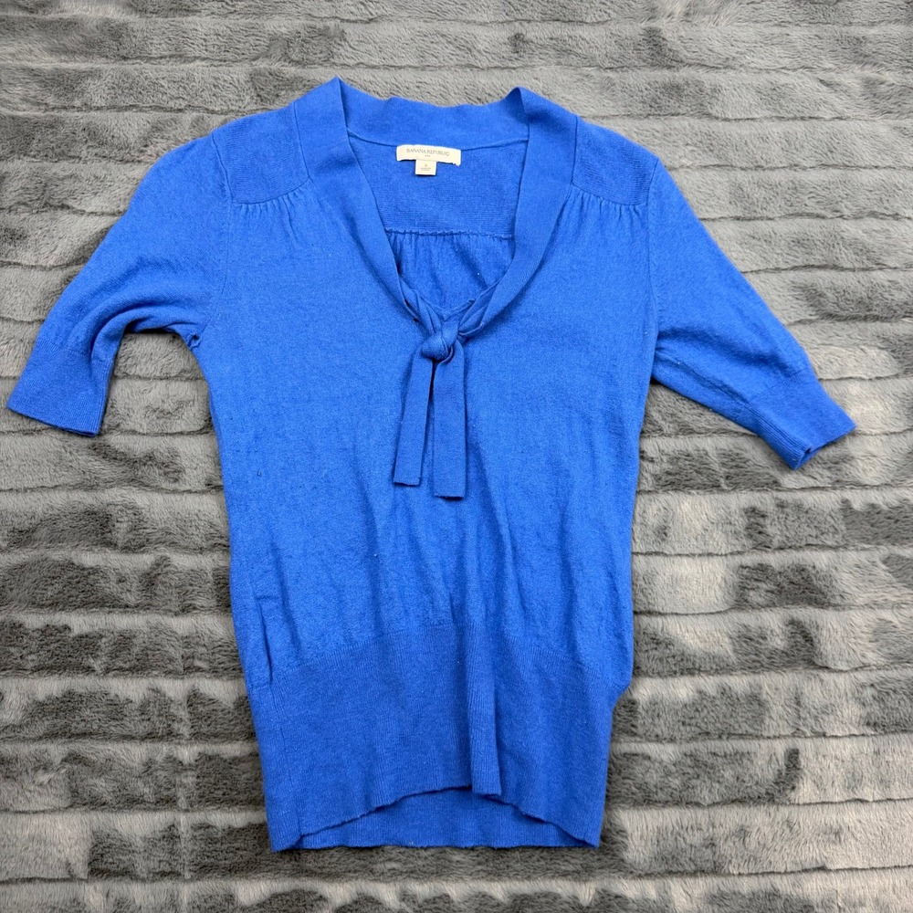 Banana Republic Blue Wool Silk Blend Tie Neck Short Sleeve Sweater Small